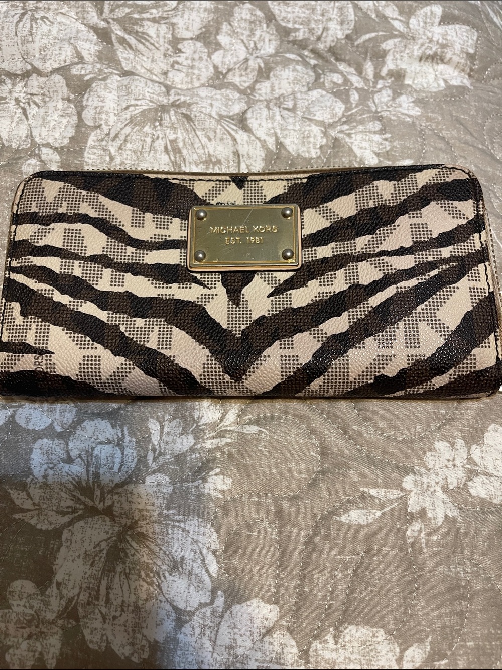 Michael Kors Zebra-Print Zip Wallet - Black & Cream